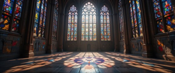 Obraz premium Interior of gothic cathedral with colorful stained glass windows and light reflections.