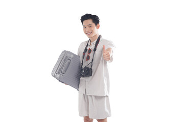 Ready for adventure: A stylish traveler, radiating enthusiasm, stands ready for a journey, suitcase...