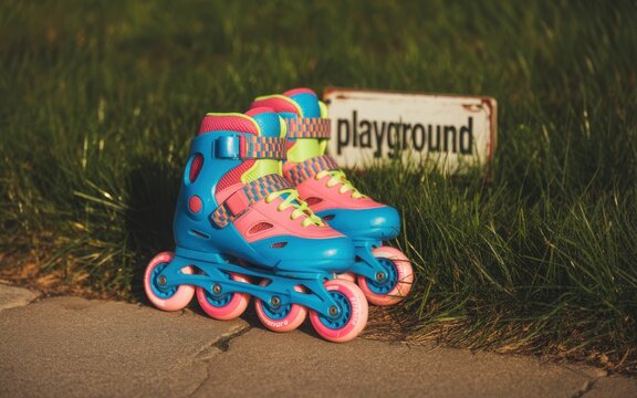 Blue and Red Roller Skates by Playground Sign