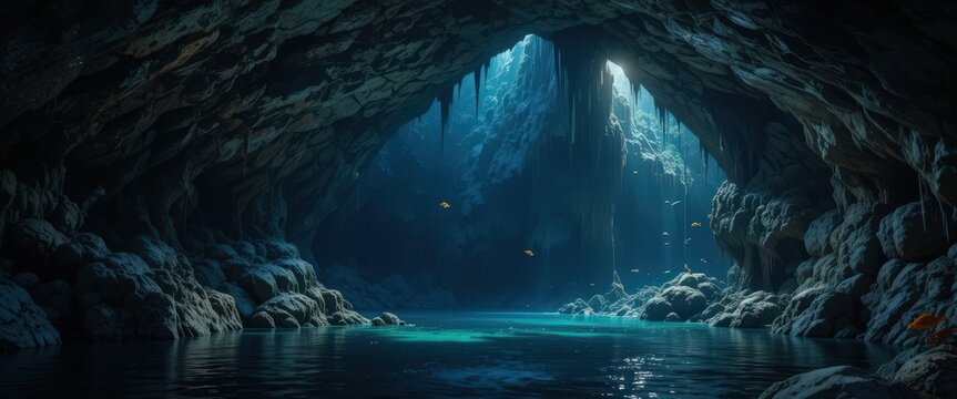 Sunlight filtering into majestic underground cave with clear turquoise water pool.