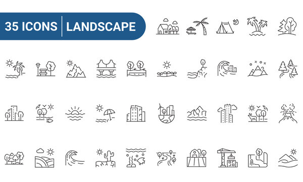 Landscape Web Icons Set in Line or outline Style related to Landscape. Icons For Web and Mobile App. Linear icons collection. Editable stroke. Vector illustration.