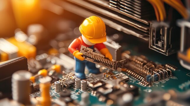 A miniature worker figure wearing a hard hat and gloves, holding a computer circuit board with a screwdriver, standing on a circuit board with various components and connectors. - Powered by Adobe