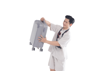 Travel Ready: A traveler joyfully holds a suitcase. Capturing the anticipation of travel and the joy of exploring new horizons.