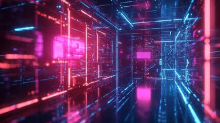 Obraz premium Neon Corridor: A mesmerizing corridor bathed in vibrant neon lights, futuristic and technological. The interplay of hues creates an abstract, electric atmosphere. 