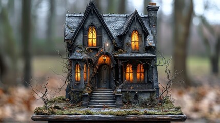 Fototapeta premium Intricate Gothic Miniature House Glowing Windows Mossy Base Blurred Outdoors