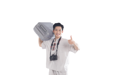 On The Move: A Smiling individual, embracing wanderlust, cheerfully holds a suitcase on their shoulder, thumbs up indicating readiness for travel and adventure.