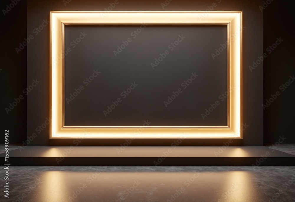 Poster A luxurious dark presentation stage with an illuminated gold rectangular frame for an exclusive event or product