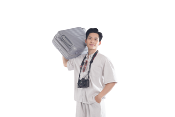 Traveling in Style: A cheerful traveler, sporting a camera, effortlessly carries his luggage, ready for new adventures. 