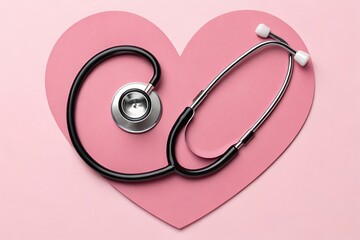 Black stethoscope on pink heart shape background