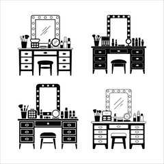 Vanity table with mirror and makeup vector illustration set beauty and fashion design concept isolated art