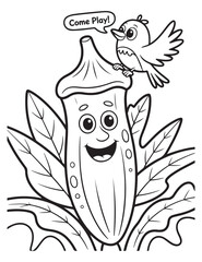Cartoon okra with bird asking to play coloring page art