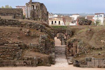 Ruins of the roman theatre showing vomitorium in mérida, spain