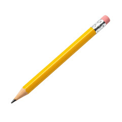 A small 3.5-inch vibrant yellow hexagonal golf pencil with a dark graphite tip, silver ferrule, and pink rubber eraser, captured in a 3/4 view on a transparent isolated background with studio