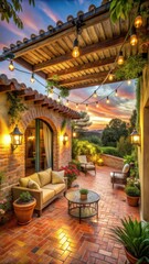Cozy brick patio with string lights and sunset view over rolling hills outdoor terrace