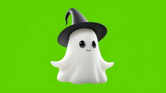 Cute ghost wearing a witch hat against a green screen background. Perfect for Halloween designs and projects.