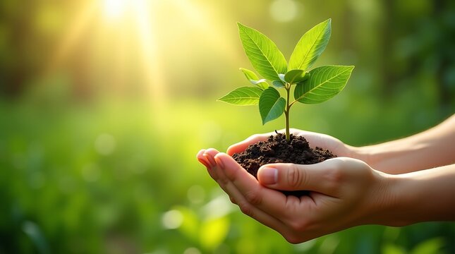 A hyper realistic image captures hands embracing a robust green tree and a fragile young plant, expressing environmental stewardship and Earth Day.