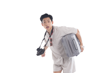 Ready for the Journey: A young traveler, brimming with anticipation, clutches a suitcase and camera. A visual story of adventure, waiting for the next exploration and experience