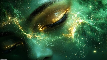 Fototapeta premium Cosmic slumber Eyes amidst emerald nebulas