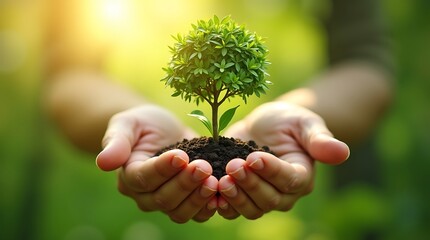 An inspiring photo realistic shot displays hands holding a robust green tree and a fragile young plant, reflecting eco-friendly stewardship and Earth Day on a banner.