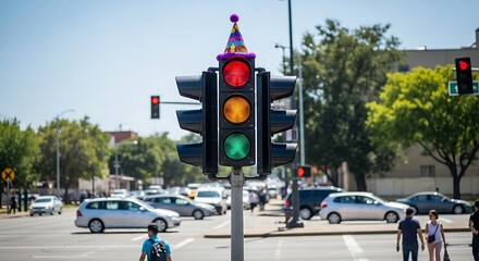 Traffic Light with Birthday Party Hat A Fun Urban Scene