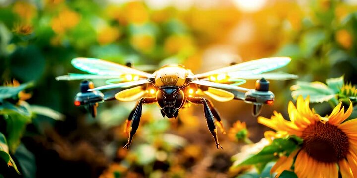 Close-up of a robotic bee drone flying over flowering plants at sunrise, designed for automated pollination in modern agriculture. Symbol of sustainability and precision farming technology.