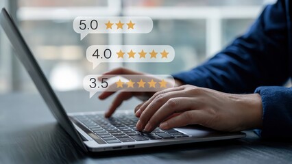 Checking online reviews on laptop, customer feedback and satisfaction