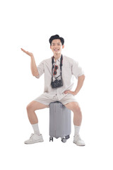 Traveler's Invitation: A cheerful traveler sitting atop a suitcase, gesturing to invite others with an open hand, ready to discover the world's hidden gems.