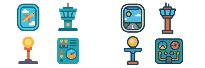 Colorful illustrations of aviation elements depicting airport features and control systems