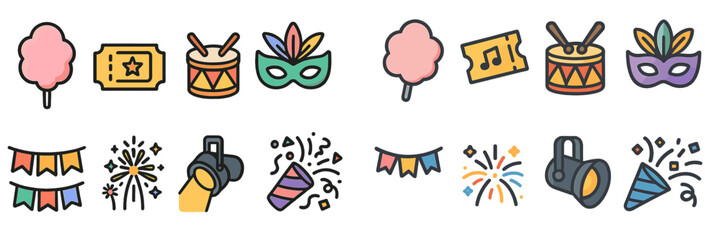 Colorful carnival symbols featuring cotton candy, masks, and festive decorations celebrating local traditions