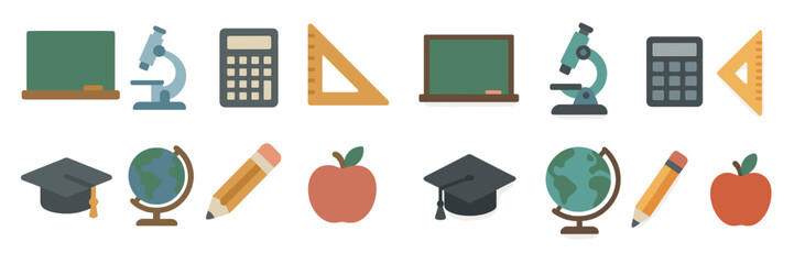 School supplies and educational tools displayed with various icons for learning activities and academic purpose