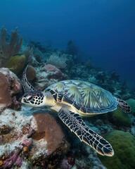 Obraz premium Sea turtle swimming gracefully near a coral reef, vibrant marine life in the background b3d7147019f2