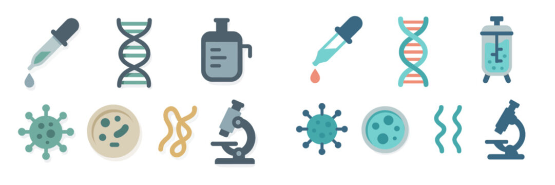 Collection of laboratory tools and biological icons showcasing scientific research and experimentation