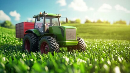 Obraz premium A green tractor with a red trailer driving through a lush green field with a clear blue sky in the background.