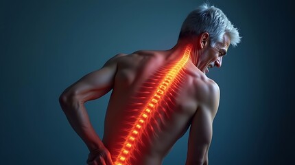 A vividly detailed image portrays a man grimacing in pain, with a translucent digital rendering of his lower spine highlighting an injury.