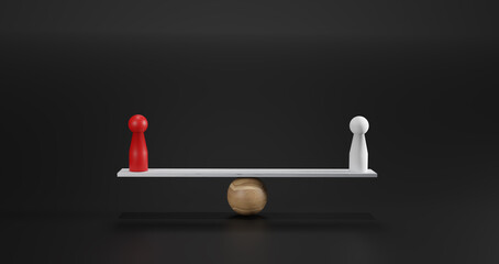 A red doll and a white doll balanced on a seesaw, symbolizing equality, fairness, competition, strategic balance, the dynamics of power and influence in business, leadership, personal growth concepts.