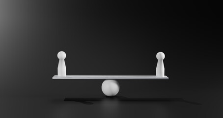 Equality, fairness, a harmonious equilibrium of power or influence in business, relationships, legal matters, personal growth, emphasizing strategic balance, Two white dolls balanced on a seesaw.