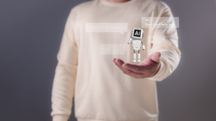 A person holding their hand out with a miniature white robot displaying AI and chat bubbles, Artificial intelligence, conversational AI, digital assistance, future technological interaction.