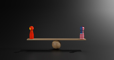 A doll with the Chinese flag and a doll with the American flag balanced on a seesaw, symbolizing geopolitical balance, trade relations, international diplomacy, and global competition.