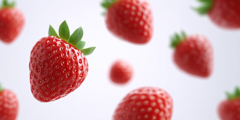 Fresh strawberries falling or suspended in mid-air, isolated on a white background