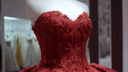 Elegant red gown showcased in bridal boutique with intricate lace detail - Powered by Adobe