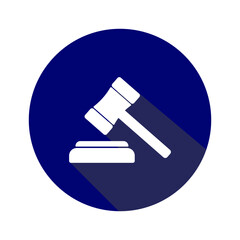 Gavel icon in the navy blue circle on white background.