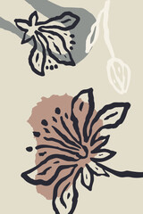 Poster or card with ink brush abstract sketch flower and leaves organic shapes background. Minimalist floral composition for cover, wall art or brochure design. Vector illustration