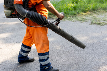 Worker uses leaf blower to clear debris from a roadside in a park area during a sunny day