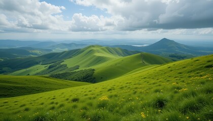Fototapeta premium Rolling Green Mountains and Valleys Under a Cloudy Sky
