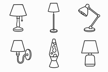 Outline illustrations of various lamp designs: table, floor, desk, wall, lava, modern