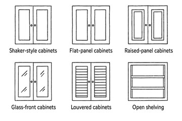 Shaker, flat, raised, glass, louvered, open cabinets illustration