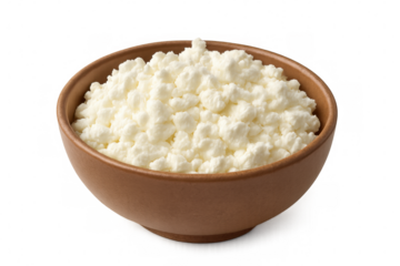 Rustic brown bowl filled with creamy cottage cheese, showcasing nutritious white dairy product on clean transparent surface