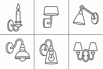 Set of six minimalist wall lamp drawings in line art style