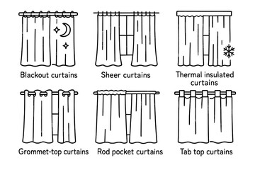 Different types of curtains illustration: blackout, sheer, thermal, grommet, rod pocket, tab top