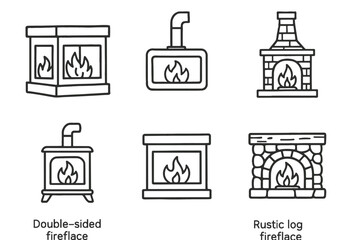 Collection of five fireplace icons: double-sided, log, rustic, and modern designs